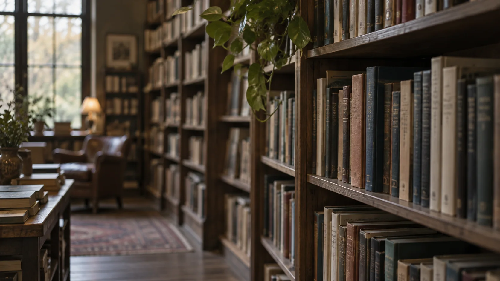 Bookshelves in a warmly lit study