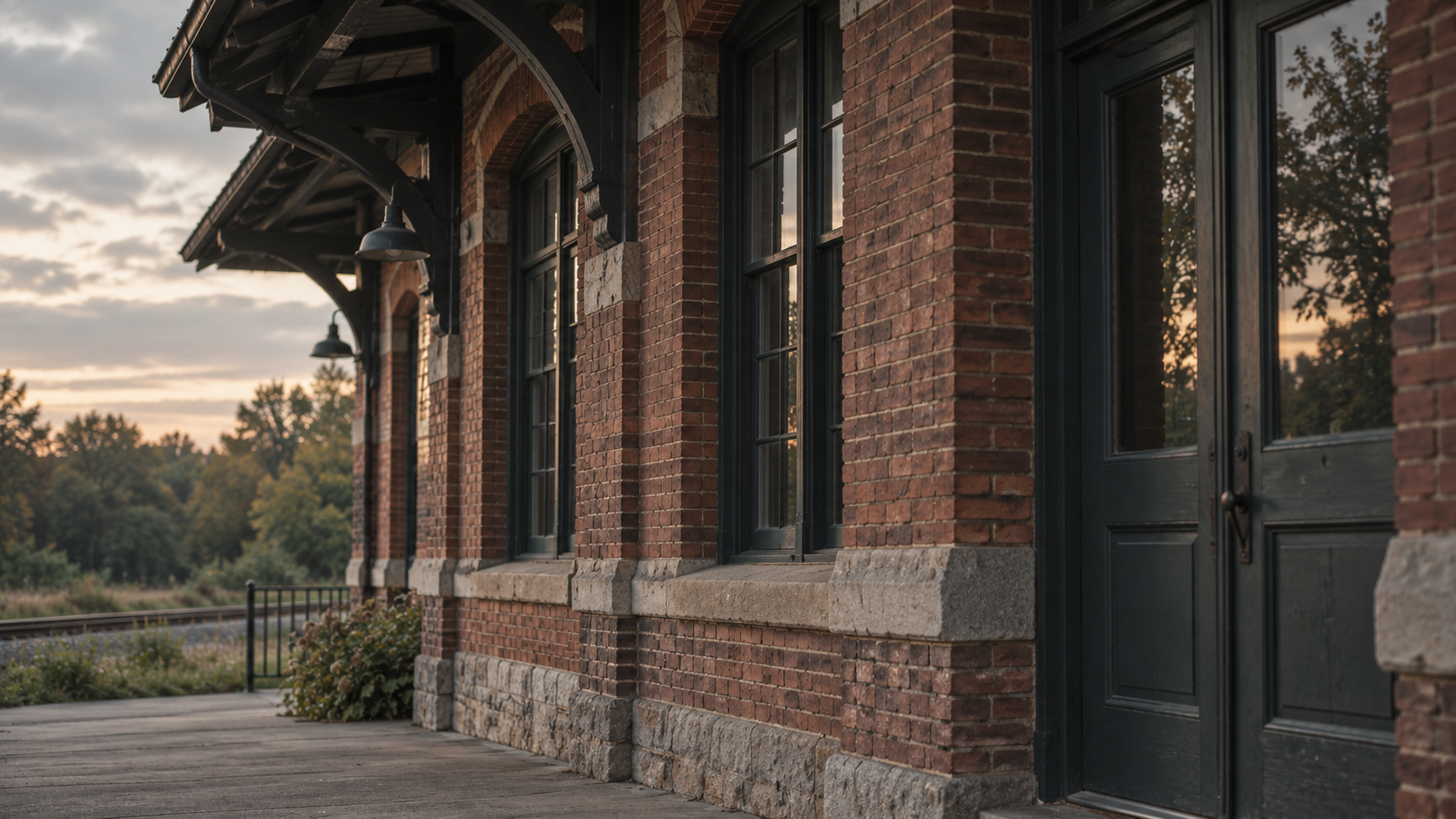 The brick exterior of a historic railway depot in evening light