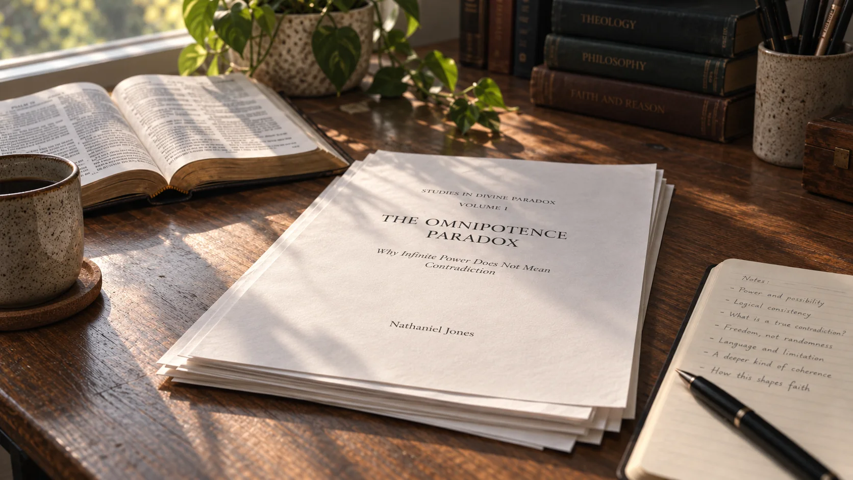 The Omnipotence Paradox manuscript on a sunlit desk