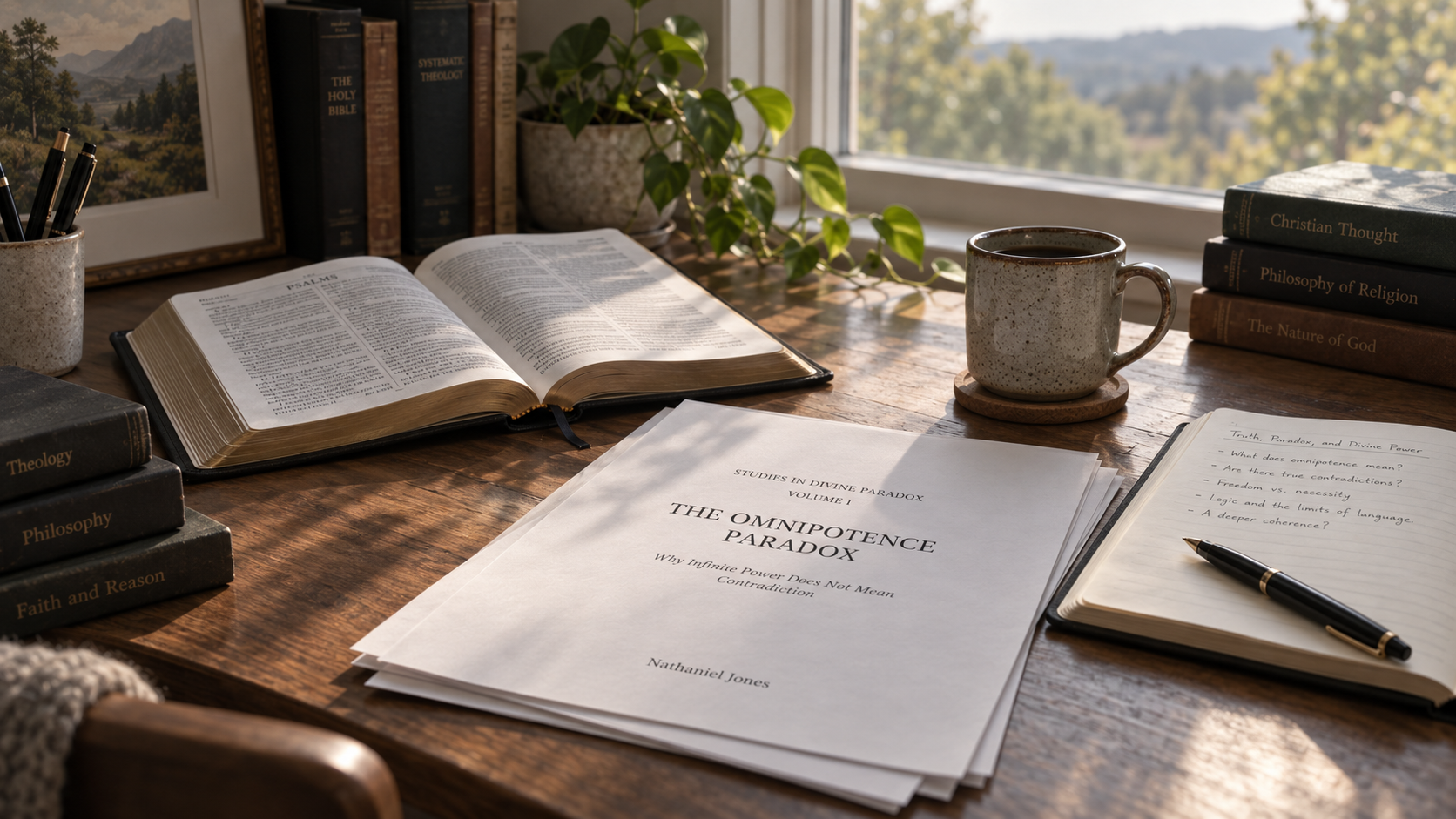 An open Bible, notebook, and cup on a quiet desk near a window